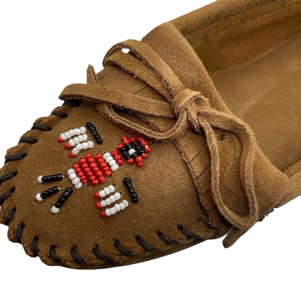 Minnetonka Thunderbird ll Dusty Brown Suede Beaded Moccasin Shoe Women's 8M
